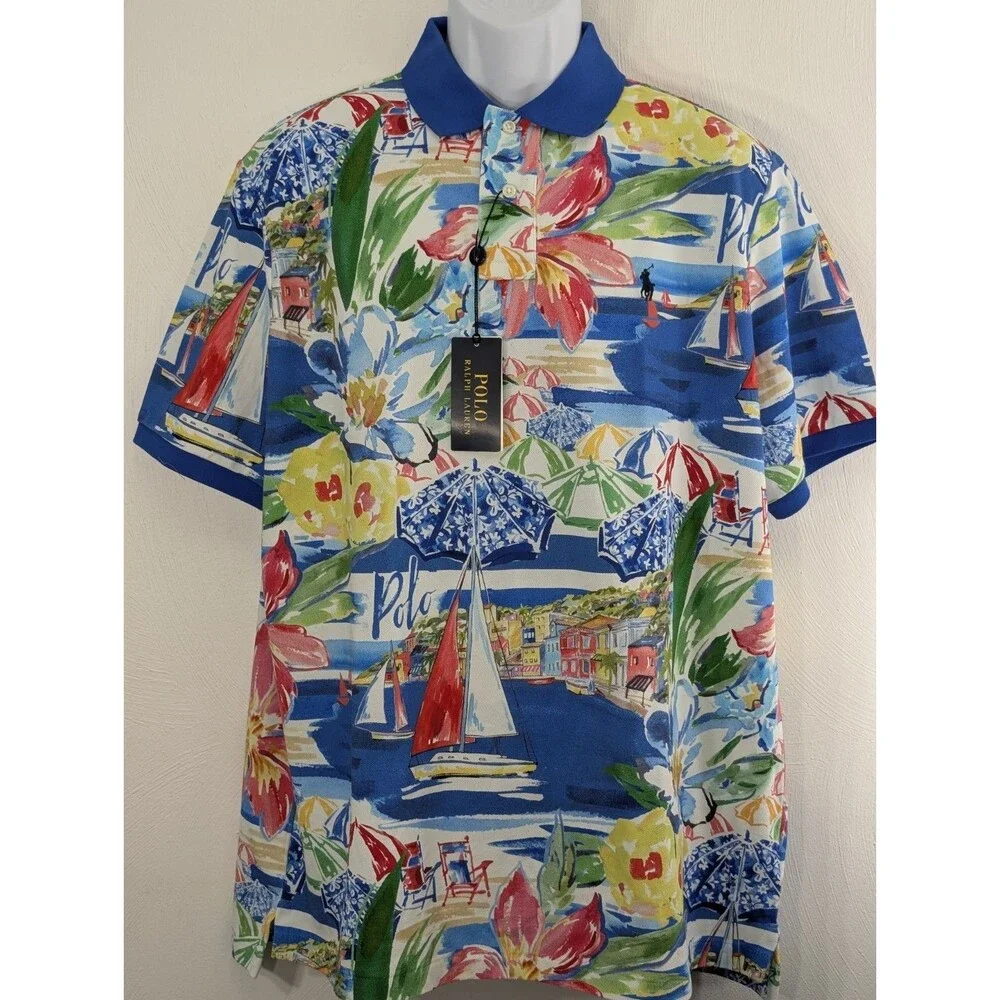 New Polo Ralph Lauren Men's L Riviera Print Mesh Polo Shirt Vacation Sailing